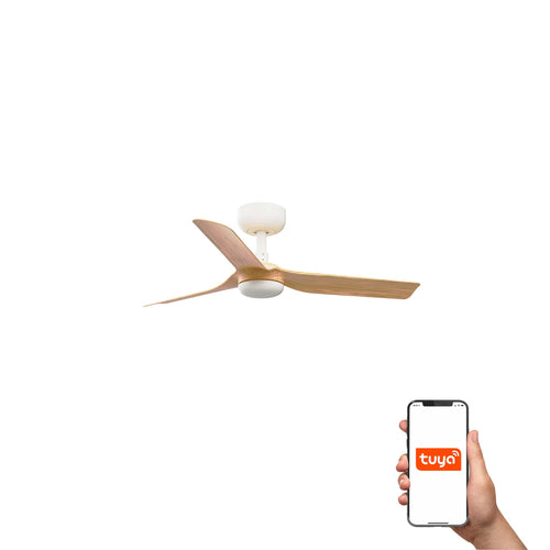 Faro Mini Punt Kleine plafondventilator met 3 bladen, matwit, esdoorn, Tuya Smart System