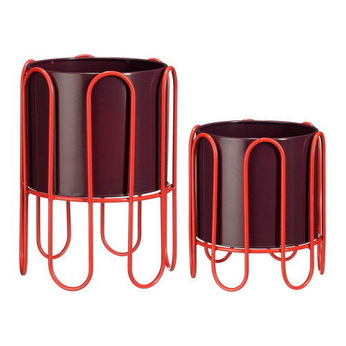 Mica Decorations Dione Bloempot op Standaard - Plantenpot Set van 2 - Plantenstandaard H35 x Ø26 cm - Plantenhouder van Metaal - Pottenset - Rood