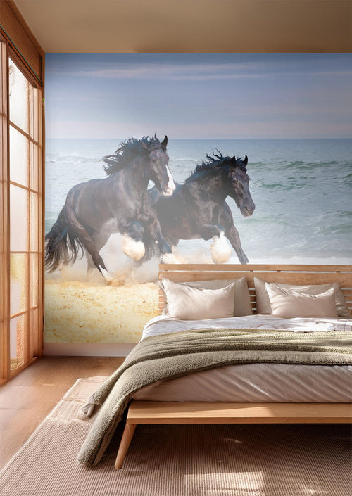 Sanders & Sanders fotobehang paarden beige, bruin en blauw - 375 x 270 cm - 600410