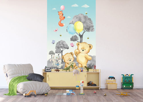 Sanders & Sanders fotobehang bos met bosdieren grijs en blauw - 1,5 x 2,7 m - 601227