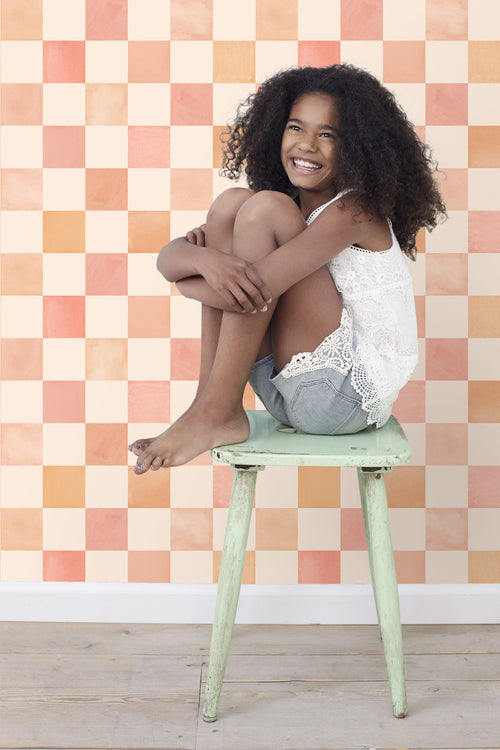 ESTAhome behang geblokt motief beige, oranje en roze - 50 x 900 cm - 131719
