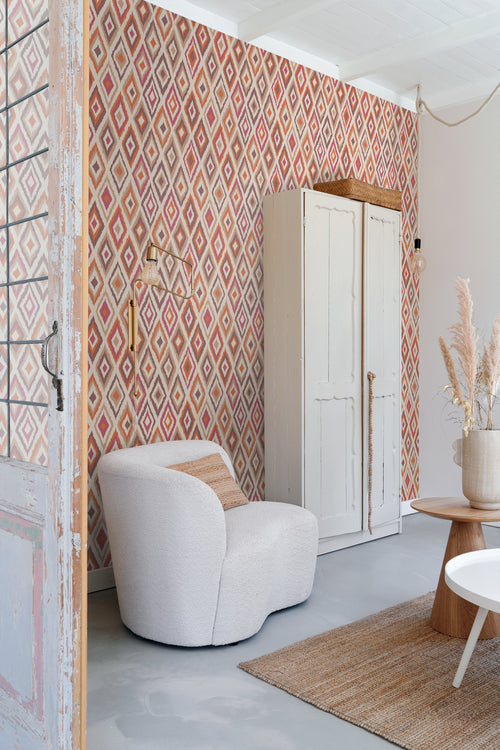 ESTAhome behang ruiten oranje, beige en paars - 50 x 900 cm - 131691