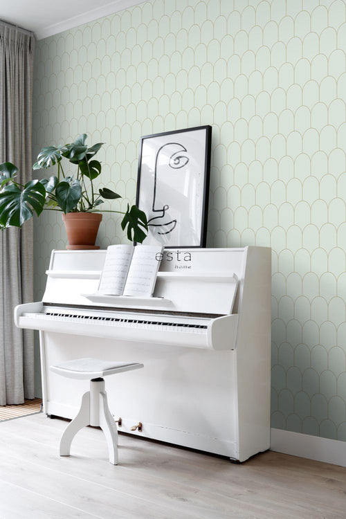 ESTAhome behang art deco motief mintgroen en goud - 53 cm x 10.05 m - 139202