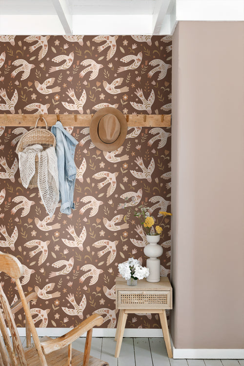 ESTAhome behang bloemen en vogels bruin - 50 x 900 cm - 131755