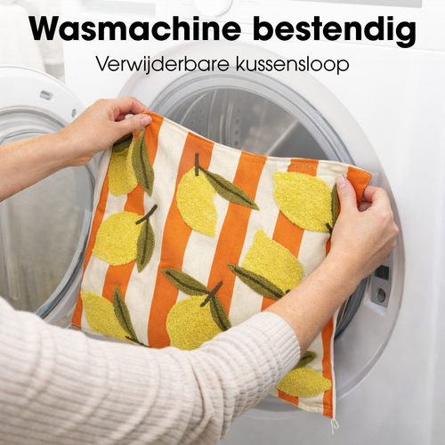 Mica Decorations Citroen Sierkussen - Kussen met Kussenhoes - Woondecoratie Woonkamer - 45 x 45 x 10 cm - Katoen, Polyester - Off-white, Oranje, Geel,