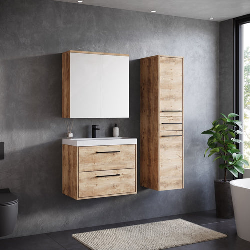 Badplaats Badkamermeubel Set Florence 60 cm – Kastanje Eiken – Hangend Badmeubel met Wastafel, Spiegelkast en Zijkast