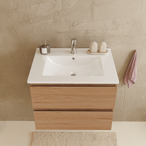 LOMAZOO badmeubelset Verona - met hoge kast & witte wastafel - licht eiken - 60 cm