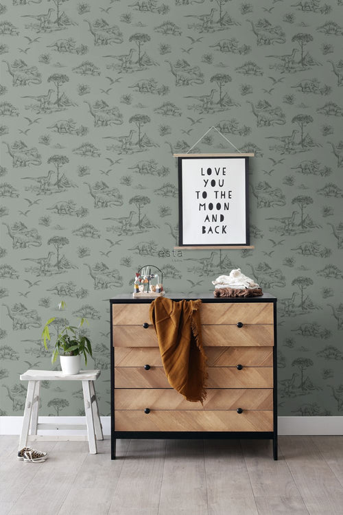 ESTAhome behang dinosaurussen vergrijsd groen - 53 cm x 10.05 m - 139358