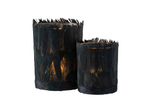 J-Line theelichthouder Veren - glas - zwart - large - 2 stuks
