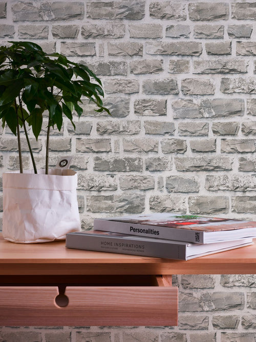 A.S. Création behang stenen muur lichtgrijs en beige - 53 cm x 10.05 m - AS-361402
