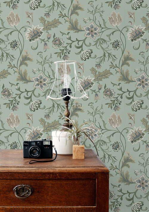ESTAhome behang vintage bloemen celadon groen - 53 cm x 10.05 m - 139413