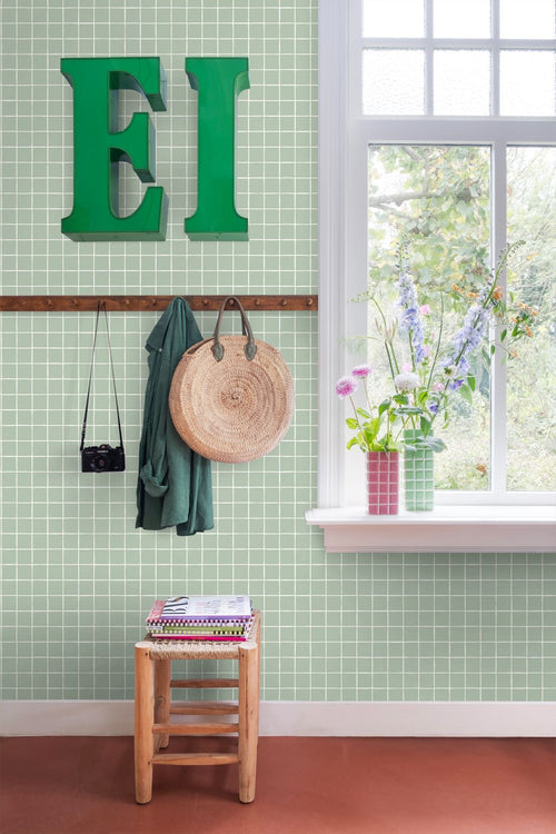 ESTAhome behang geblokt motief saliegroen - 50 x 900 cm - 131928