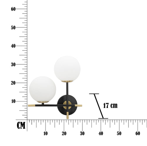 Wandlamp van zwart metaal met 2 witte glazen bollen 30x17x35 cm
