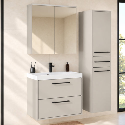 Badplaats Badkamermeubel Set Florence 60 cm – Beige – Hangend Badmeubel met Wastafel, Spiegelkast en Zijkast