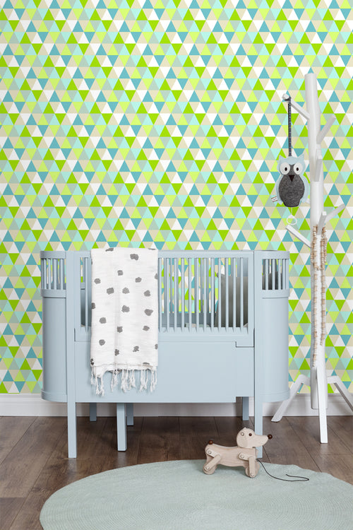 ESTAhome behang driehoekjes limegroen, turquoise en beige - 53 cm x 10.05 m - 138713