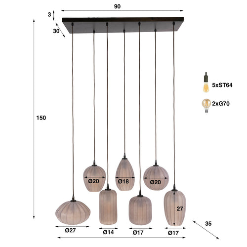 Giga Meubel Hanglamp Altura - Bruin Glas - 7-lichts - 96x35x150cm
