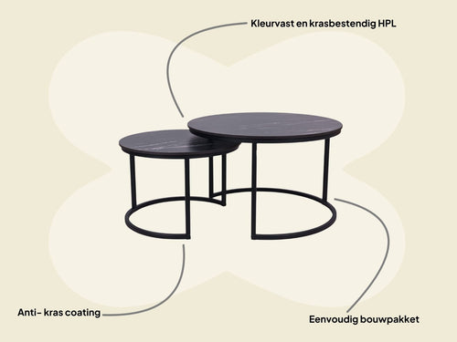 MaximaVida ronde salontafel set Firenze 58 en 45 cm - zwart HPL marmer look