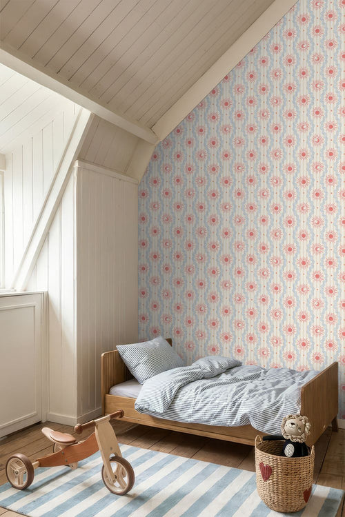 ESTAhome behang retro ornamenten beige, blauw en rood - 50 x 900 cm - 132014