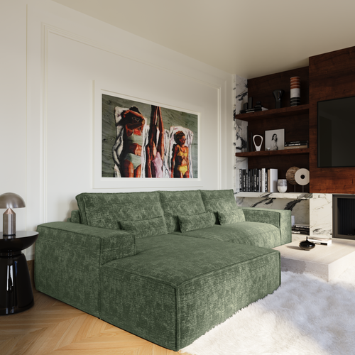 Premium Interiors - Linkshoekbank met snelle uitklapfunctie JUNE - gewaafd fluweel smaragdgroen 320cm