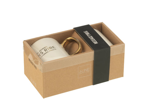 J-Line mok Bericht Positif - porselein - wit/goud - 2 stuks