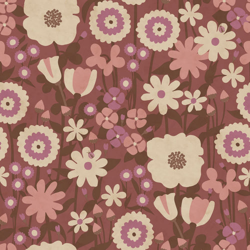ESTAhome behang retro bloemen aubergine paars en roze - 50 x 900 cm - 132162