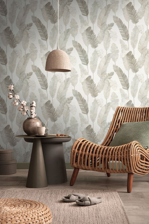 Livingwalls behang bladeren wit, beige en grijs - 53 cm x 10.05 m - AS-392185