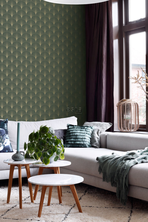 ESTAhome behang art deco motief donkergroen en goud - 53 cm x 10.05 m - 139584