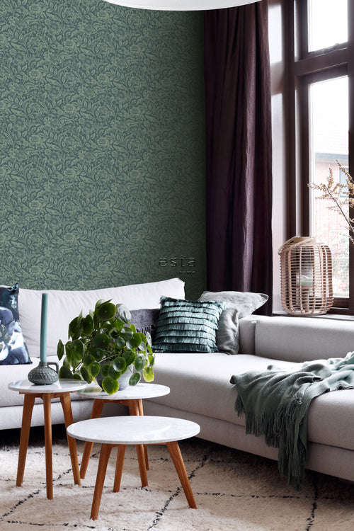 ESTAhome behang vintage bloemen donkerblauw en vergrijsd groen - 53 cm x 10.05 m - 139429