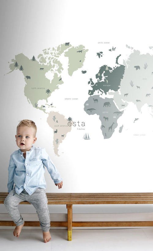 ESTAhome fotobehang wereldkaart voor kinderen mintgroen, grijs en roze - 200 x 279 cm - 158929 - vtwonen shop