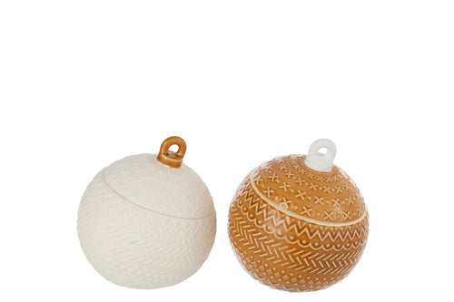 J-Line voorraadpot Kerstbal - porselein - wit/mosterdgeel - 2 stuks