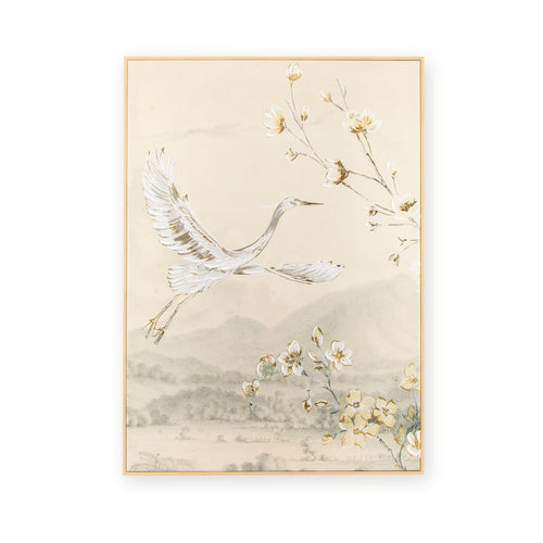 Art for the Home Canvas met handgeschilderde details - Crane with blossom - 70x50cm - Beige - vtwonen shop