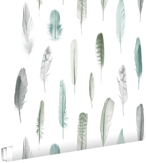 ESTAhome behang veren vergrijsd mintgroen en licht crème beige - 53 cm x 10.05 m - 138894