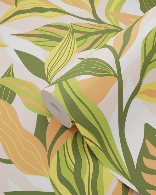 ESTAhome behang tropische bladeren groen, oranje en geel - 50 x 900 cm - 131040