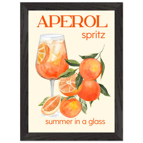Artfulprints Poster met Lijst Aperol Spritz - Summer in a glass   - A4 21x29.7 cm - Oranje