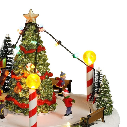 Luville Kerstdorp Kerstboomscène met Schaatsbaan - Kerstversiering met Bewegende Figuren en LED-verlichting - Guirlande op Batterijen - Kerstslingers