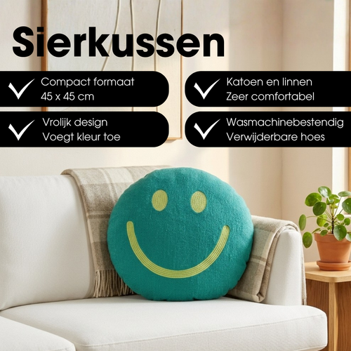 Mica Decorations Smiley Sierkussen - Kussen met Kussenhoes - Woondecoratie Woonkamer - Ø45 x 10 cm - Katoen, Polyester - Groen