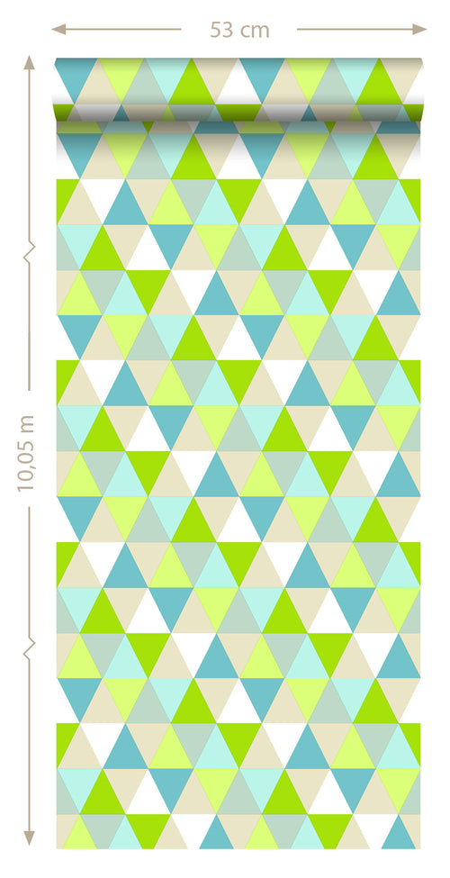 ESTAhome behang driehoekjes limegroen, turquoise en beige - 53 cm x 10.05 m - 138713