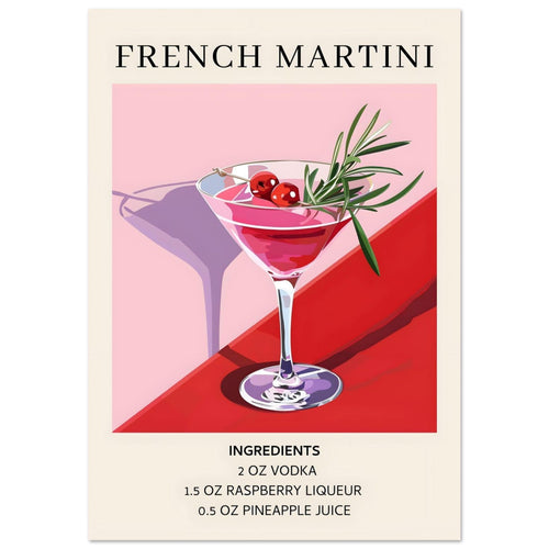 Artfulprints Poster met Lijst French Martini cocktail - Ingrediënten   - 50x70 cm - Roze