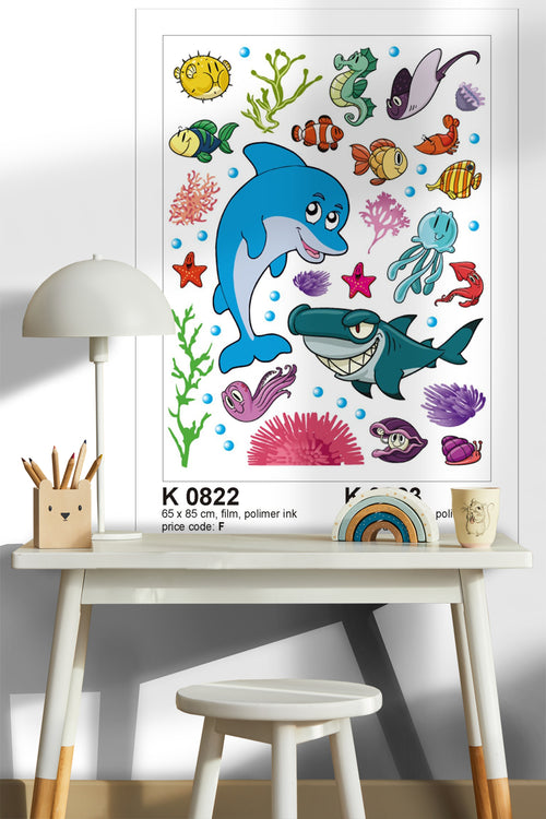 Sanders & Sanders muursticker onderwater wereld blauw, groen en oranje - 85 x 65 cm - 600304