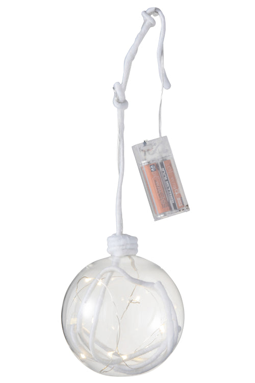 J-Line kerstbal Bal + Touw - glas - wit - large - 4 stuks - LED lichtjes - vtwonen shop