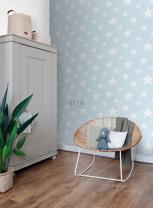 ESTAhome behang grote en kleine sterren lichtblauw en wit - 53 cm x 10.05 m - 138932