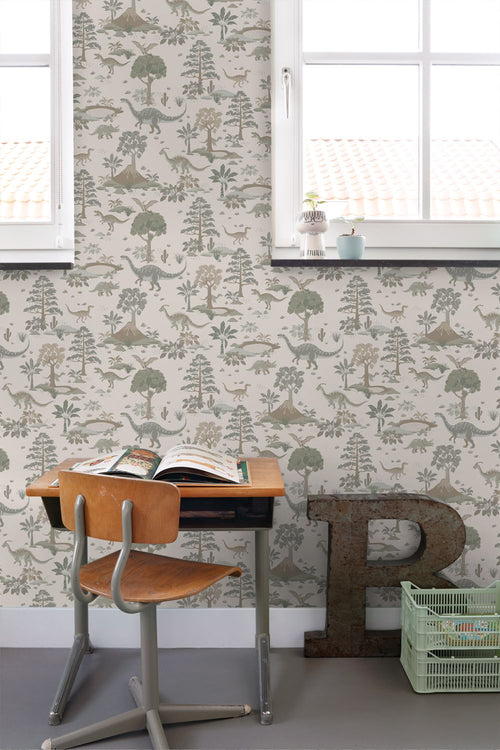 ESTAhome behang dinosaurussen grijs en groen - 50 x 900 cm - 132174
