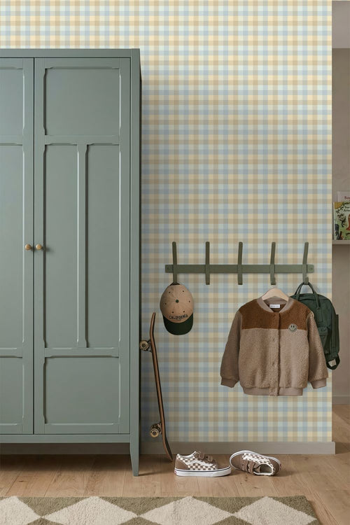 ESTAhome behang ruiten blauw en beige - 50 x 900 cm - 132067