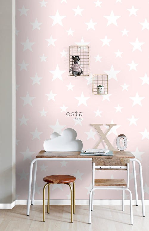 ESTAhome behang grote en kleine sterren licht roze en wit - 53 cm x 10.05 m - 138931