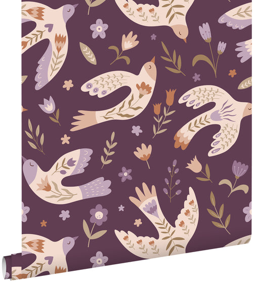 ESTAhome behang bloemen en vogels paars - 50 x 900 cm - 131757