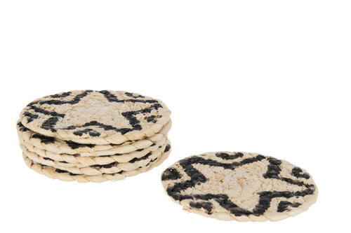 J-Line onderzetter Rond Ster - jute - naturel/zwart - 6 stuks
