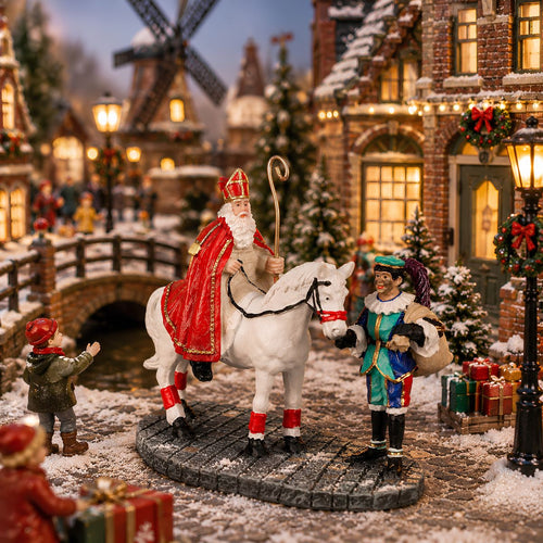 Luville Sinterklaasscène met Piet en Ozosnel - Kerstdorpfiguur uit de Molendam-serie - Sinterklaasdecoratie van Polyresin - Miniatuur voor Winterdorp