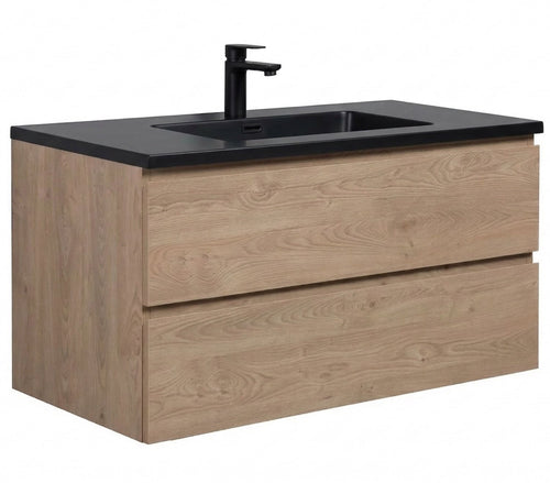 Badplaats Badkamermeubel Set Angela 100 cm – Kastanje Eiken – Badmeubel met Zwarte Wastafel