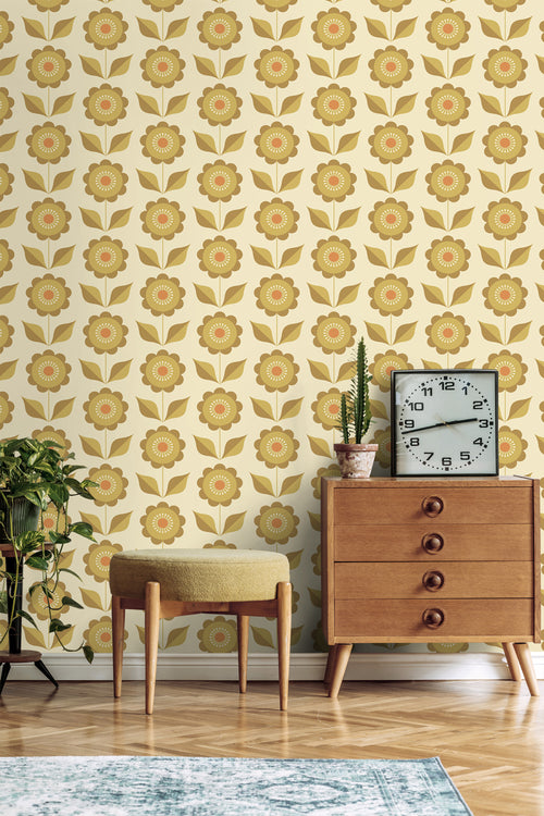 ESTAhome behang bloemen olijfgroen en okergeel - 50 x 900 cm - 130978 - vtwonen shop