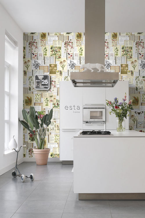 ESTAhome fotobehang botanische prenten beige, groen en roze - 100 x 279 cm - 158508